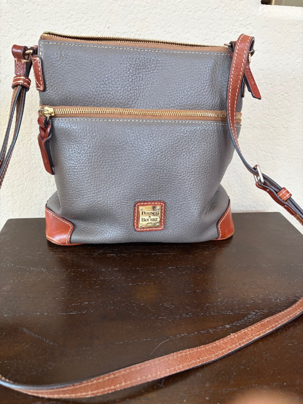 Dooney & Bourke Gray Pebble Leather Crossbody Bag with Brown Trim